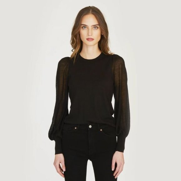 NWT Autumn Cashmere Black Crewneck Top with Sheer Bishop Sleeve XS - Picture 1 of 4